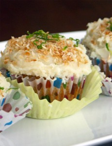 Gluten and refined sugar free lime and coconut cupcakes